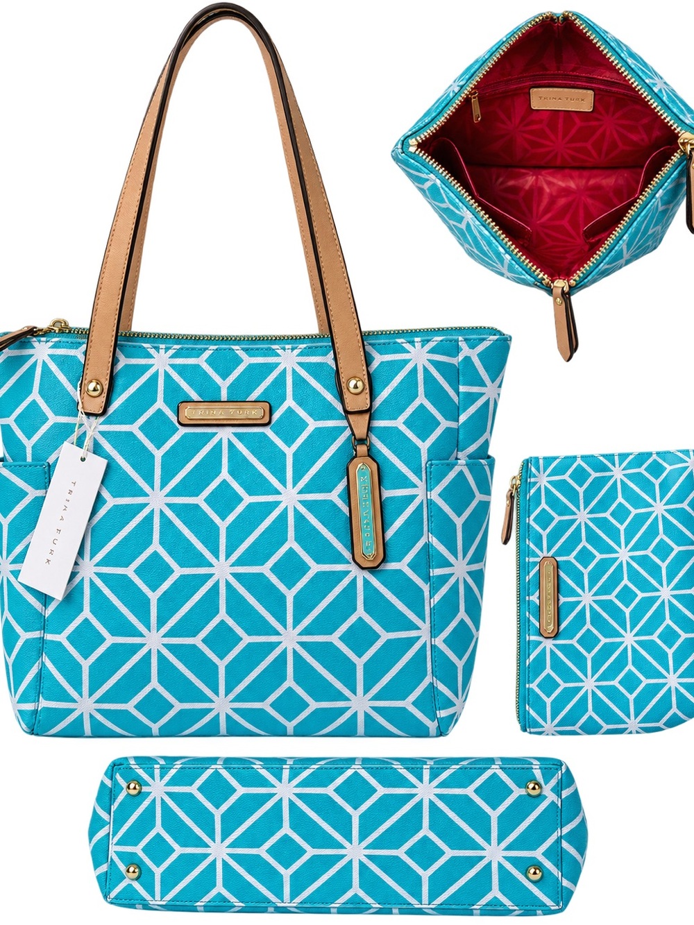 Trina Turk Turquoise Geometric Tote + Wristlet & Dust Bag-Discounted